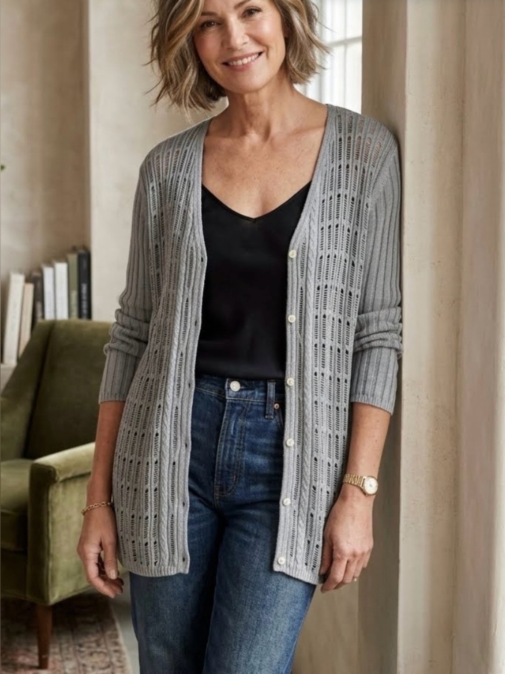 Vintage Grey  light weight open - weave knit cardigan in size 2X
